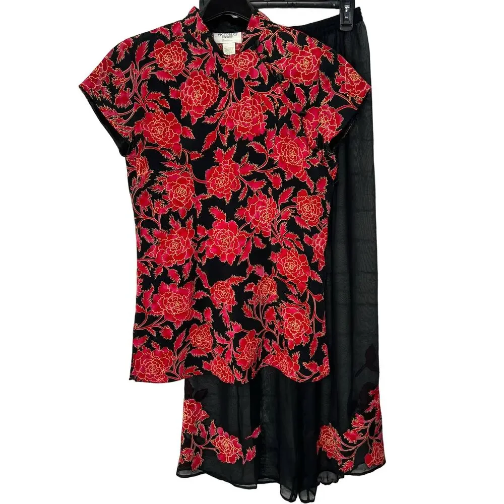 VTG Victorias Secret Collection 2pc Set Sheer Pants Red Floral Size M Tunic